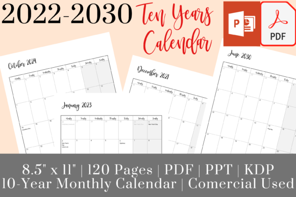 Download 10 Years Calendar, 2022-2030 Monthly KDP - Calendar Collection