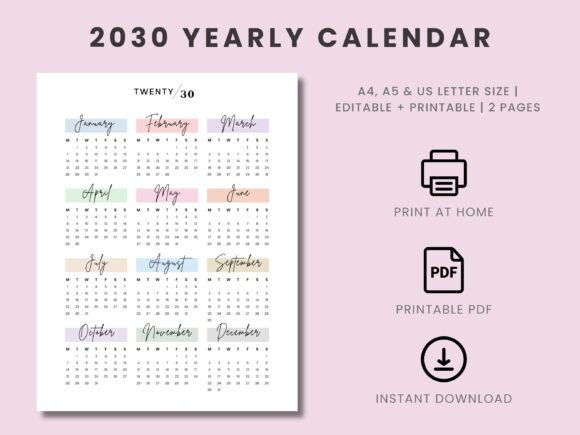 Download 2030 Yearly Calendar Canva Template - Calendar Collection