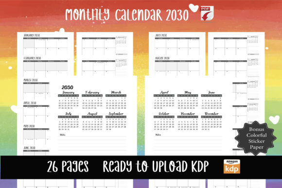 Download Monthly Calendar 2030 at a Glance PDF - Calendar Collection