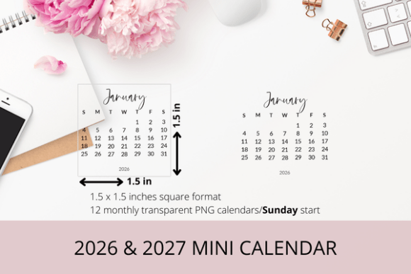 Download 2026 &amp; 2027 Monthly Mini PNG Calendar - Premium Resources